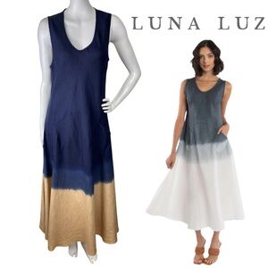 LUNA LUZ 100% IBIZE Linen Maxi Midi Navy Tie Dye Tank Dress Pockets Size Medium